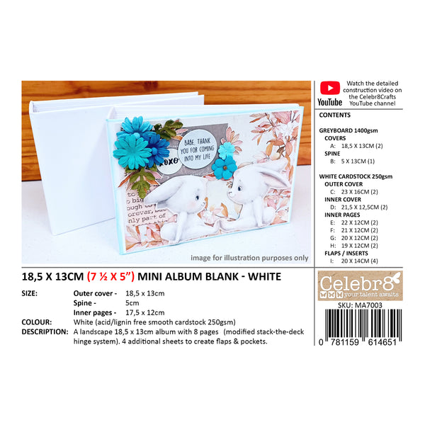 CELEBR8 Mini Album Blank | White | 18.5cm x 13cm | 7.5" x 5"